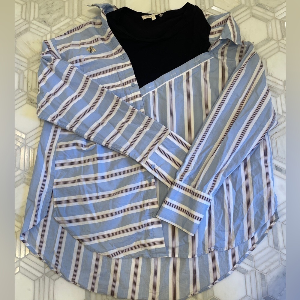 Maje Laivi Striped Cotton Button Down Dress Shirt Jersey Tank Layered Blouse Top